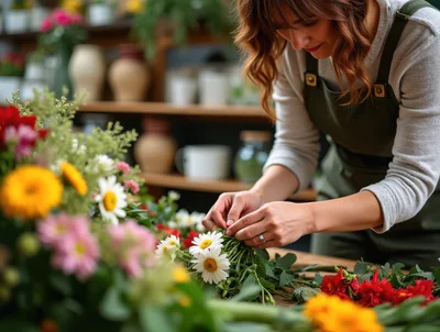Florist Arranging A Fresh Bouquet Of Daisies