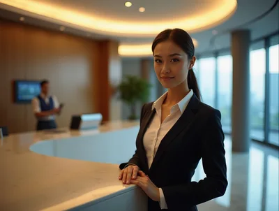 Professional Asian Receptionist Standing At Modern Office Desk
