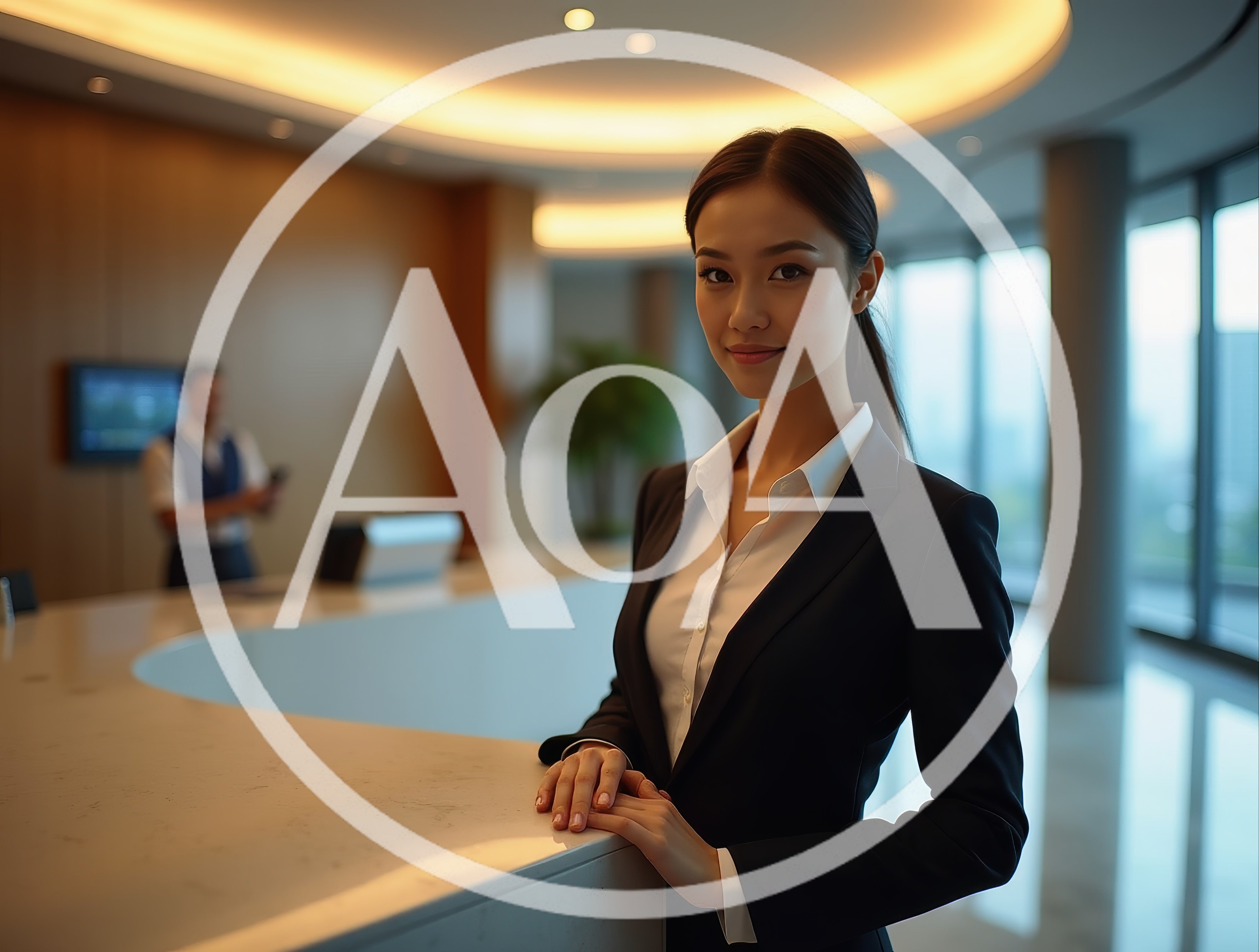 Professional Asian Receptionist Standing At Modern Office Desk