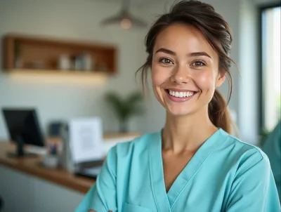 Smiling Female Nurse Standing In Modern Medical Office