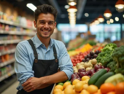 Smiling Grocery Store Clerk Standing By Produce Section