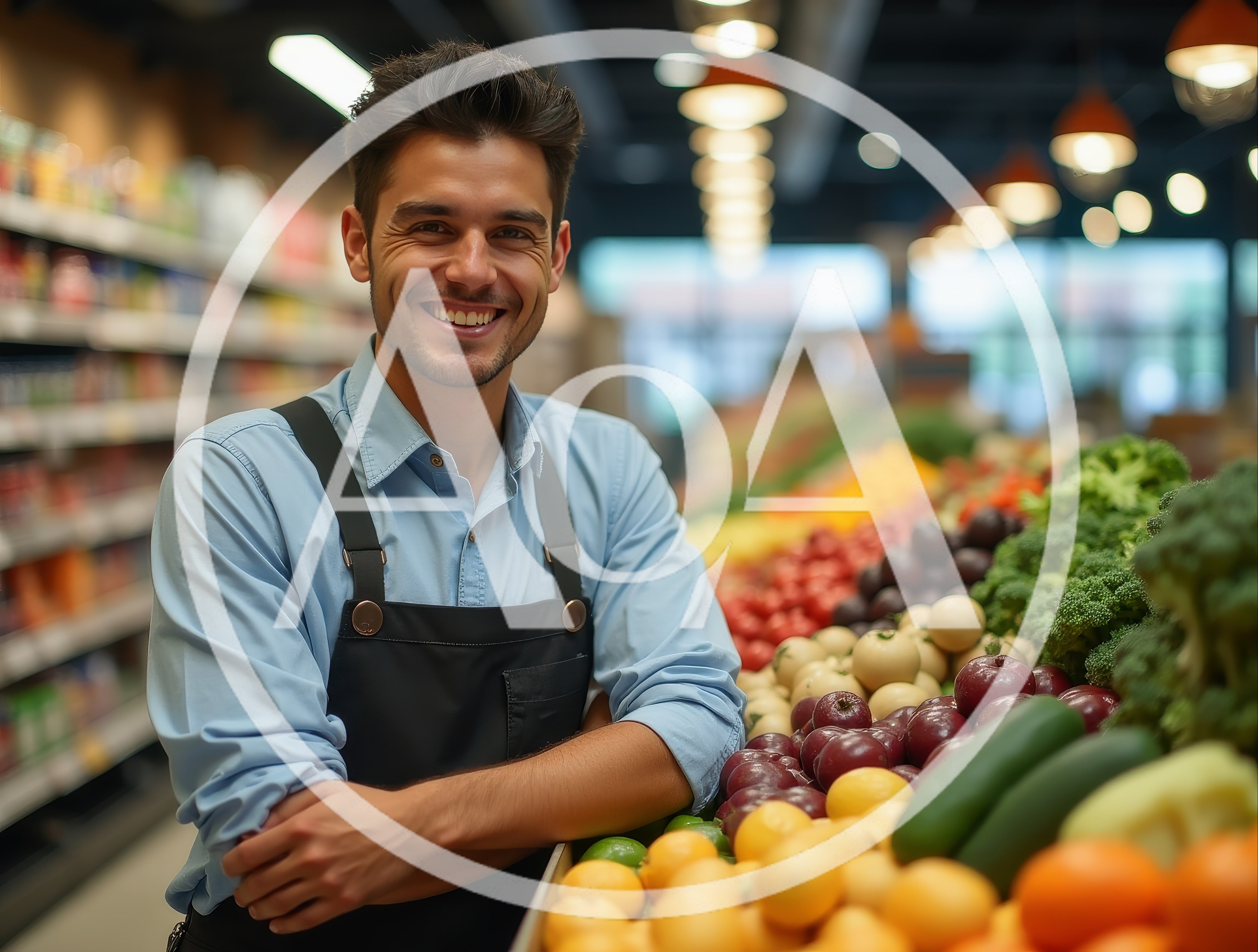 Smiling Grocery Store Clerk Standing By Produce Section