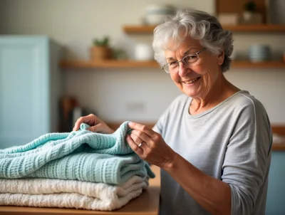 Senior Woman Folding Fresh Laundry In Kitchen