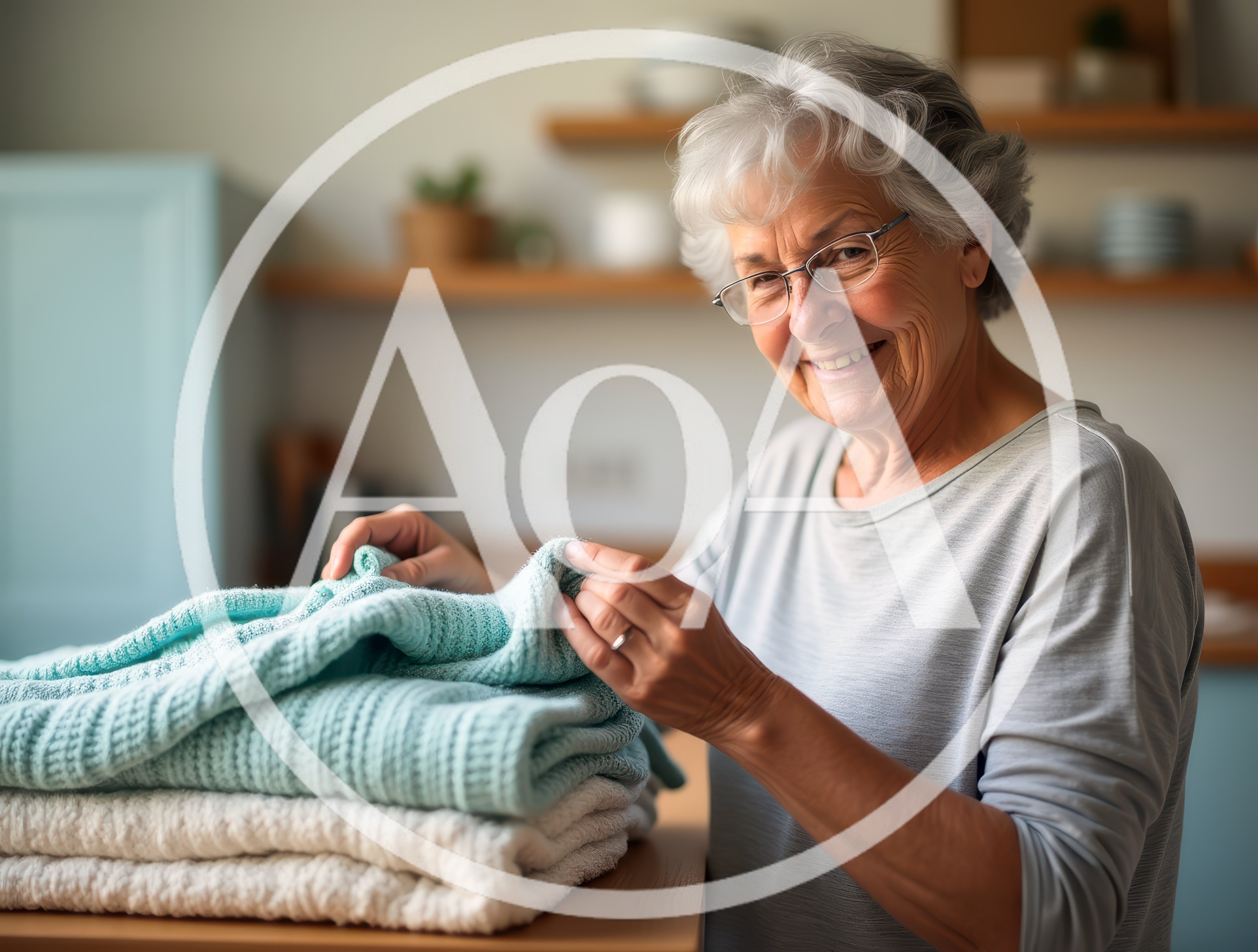 Senior Woman Folding Fresh Laundry In Kitchen