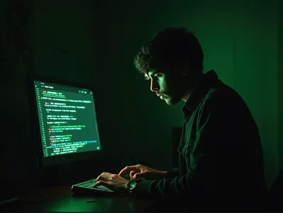 Young Programmer Coding on Computer in Dark Room