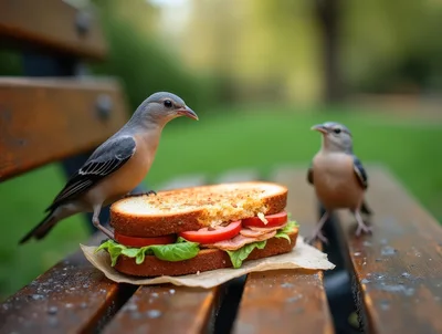 Two Small Birds Perched On A Park Bench Sandwich