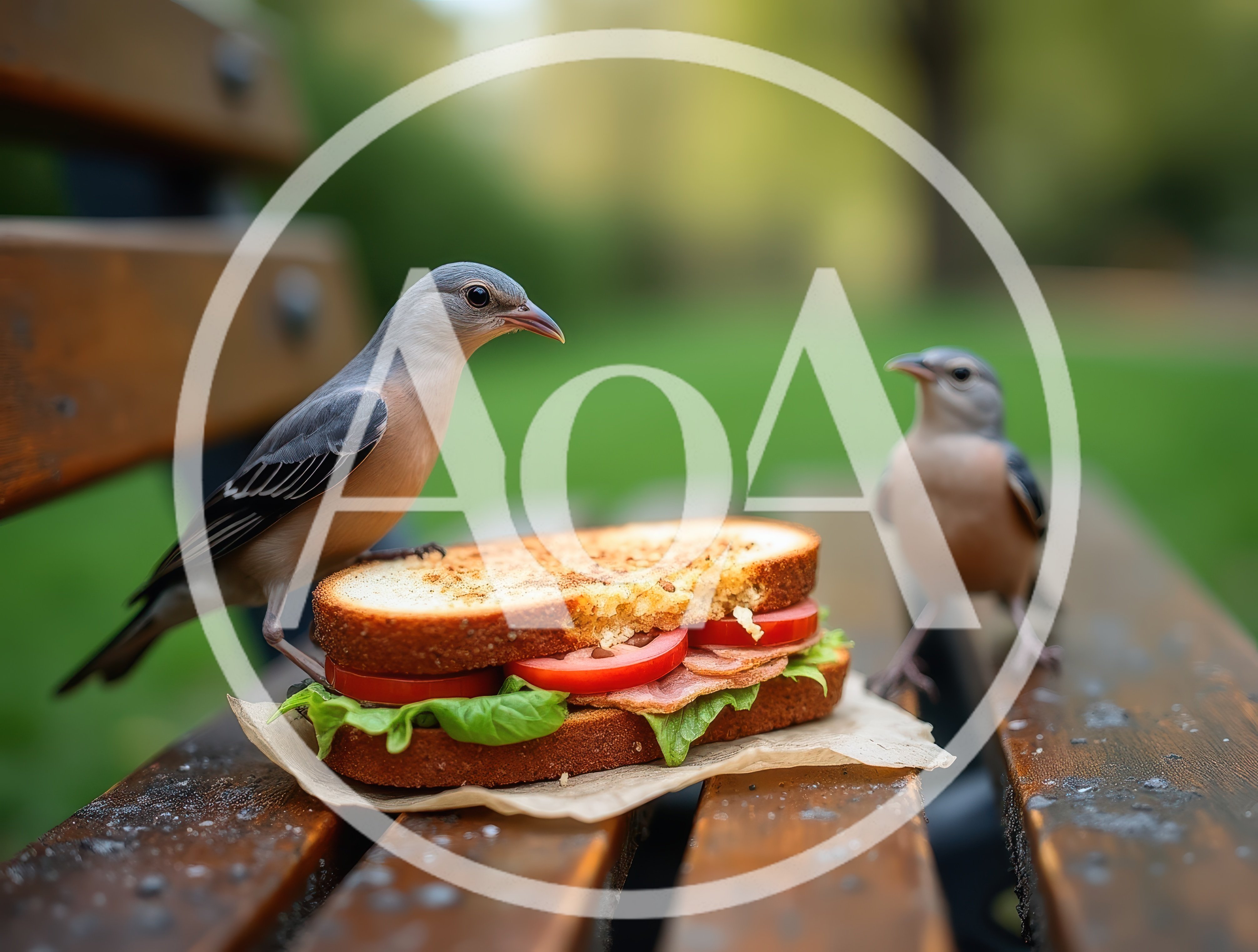 Two Small Birds Perched On A Park Bench Sandwich