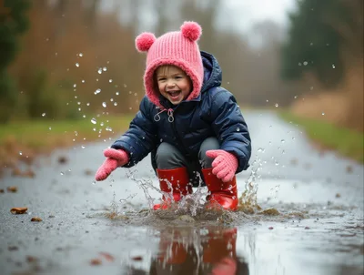 Toddler Girl Jumping In A Puddle Outdoors