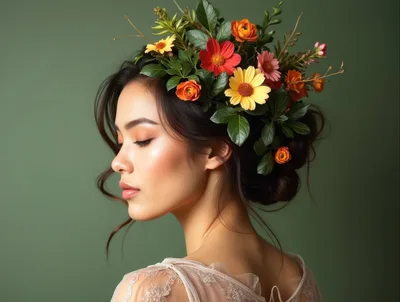 Portrait Of A Young Woman With Floral Hair Arrangement