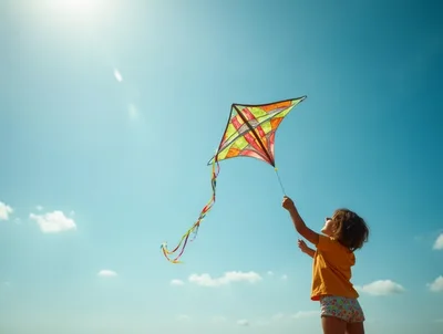 Young Girl Flying A Colorful Kite Outdoors
