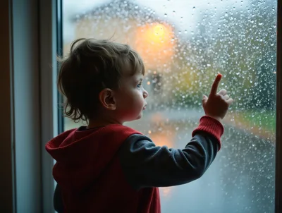 Toddler Boy Touching Raindrops On A Windowpane