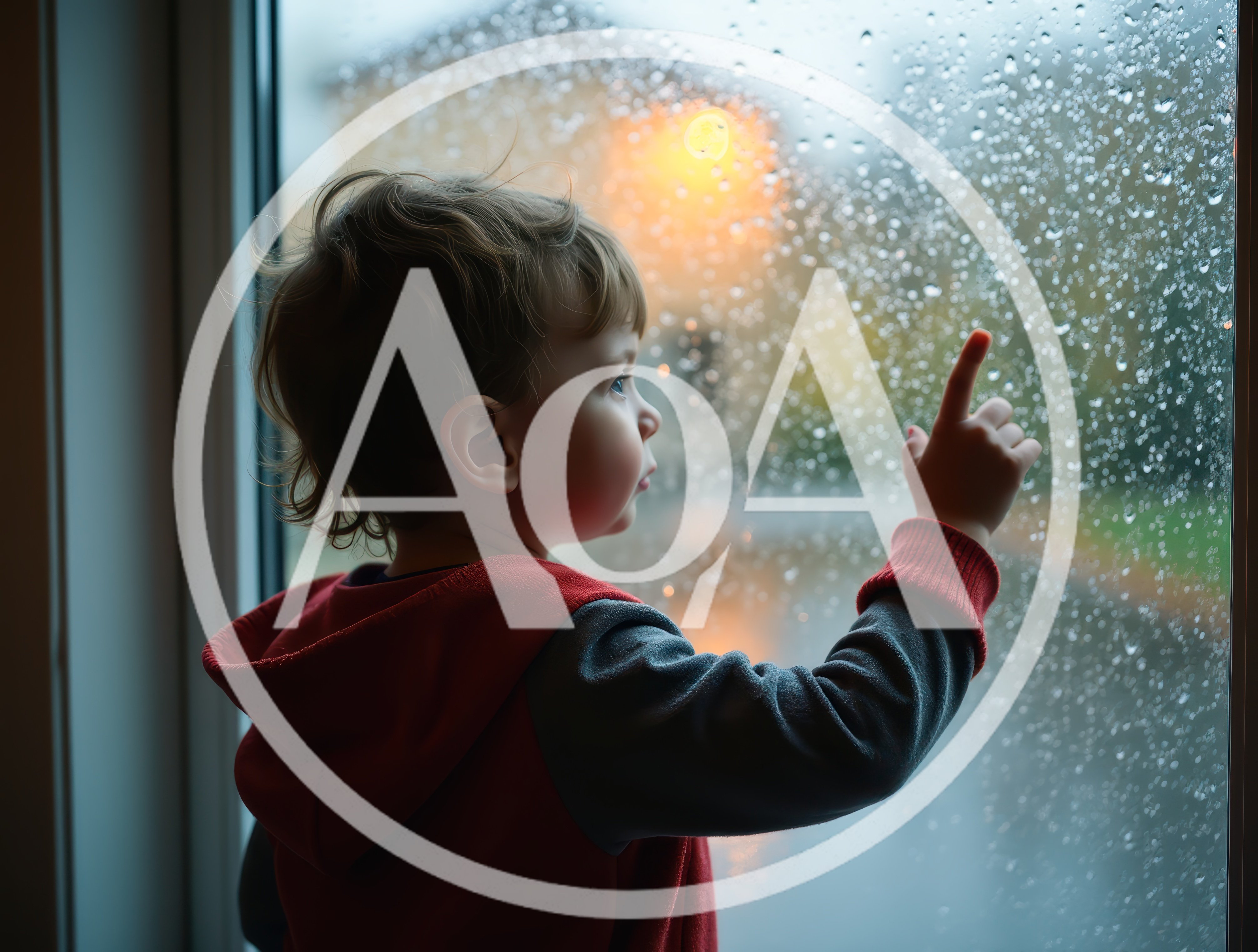 Toddler Boy Touching Raindrops On A Windowpane