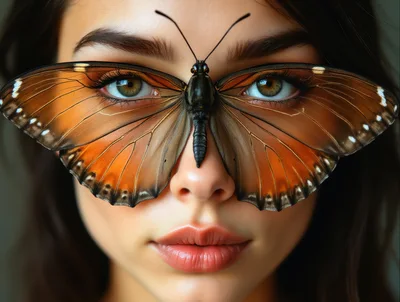 Close Up Portrait Of Woman With Butterfly On Face