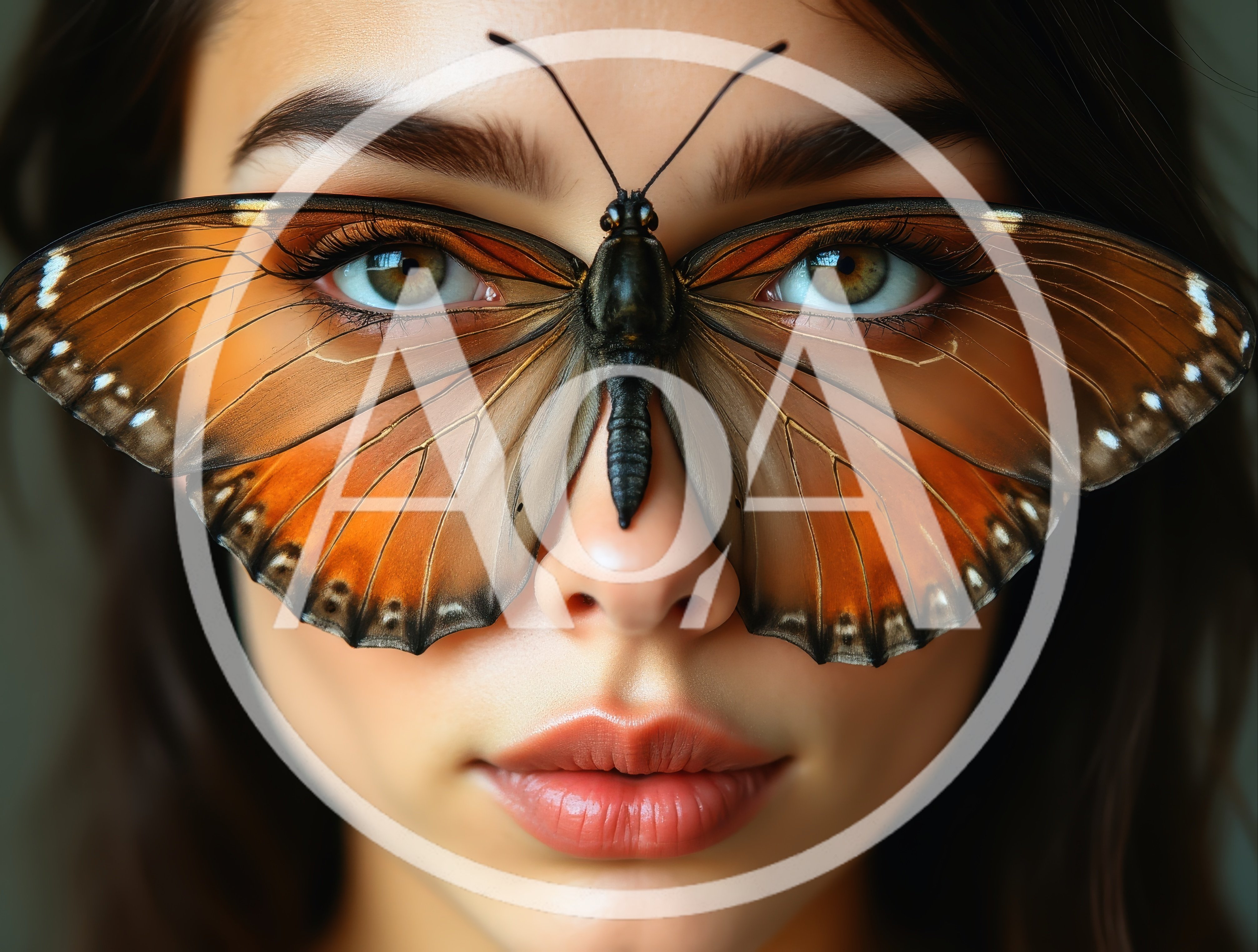 Close Up Portrait Of Woman With Butterfly On Face