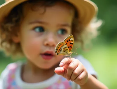 Toddler Girl Observing A Butterfly On Her Finger