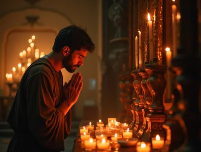 Man Praying With Clasped Hands In Candlelit Church