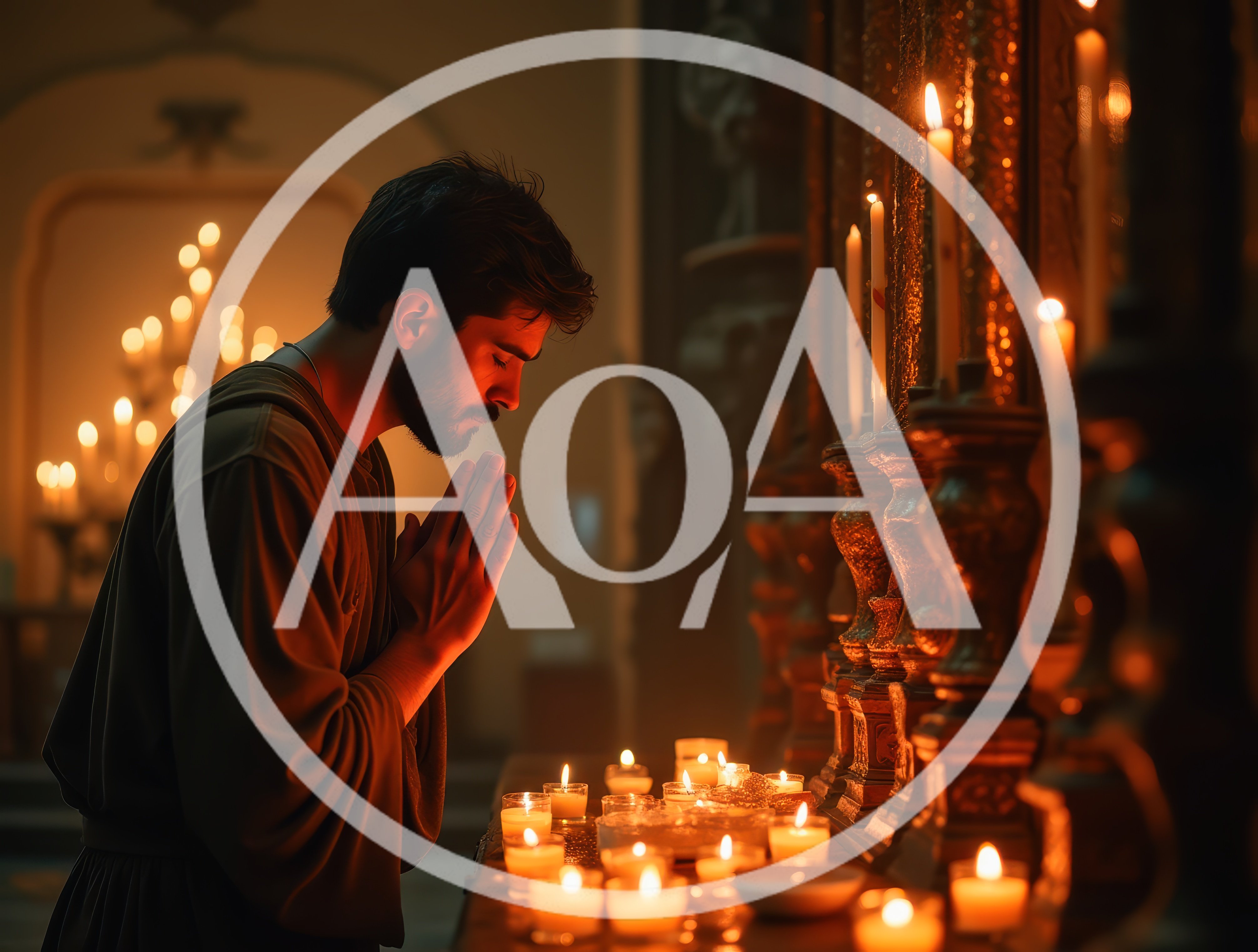 Man Praying With Clasped Hands In Candlelit Church