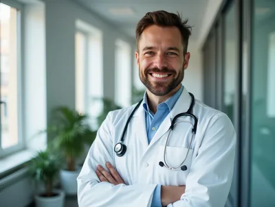 Smiling Male Doctor Standing In Hospital Corridor