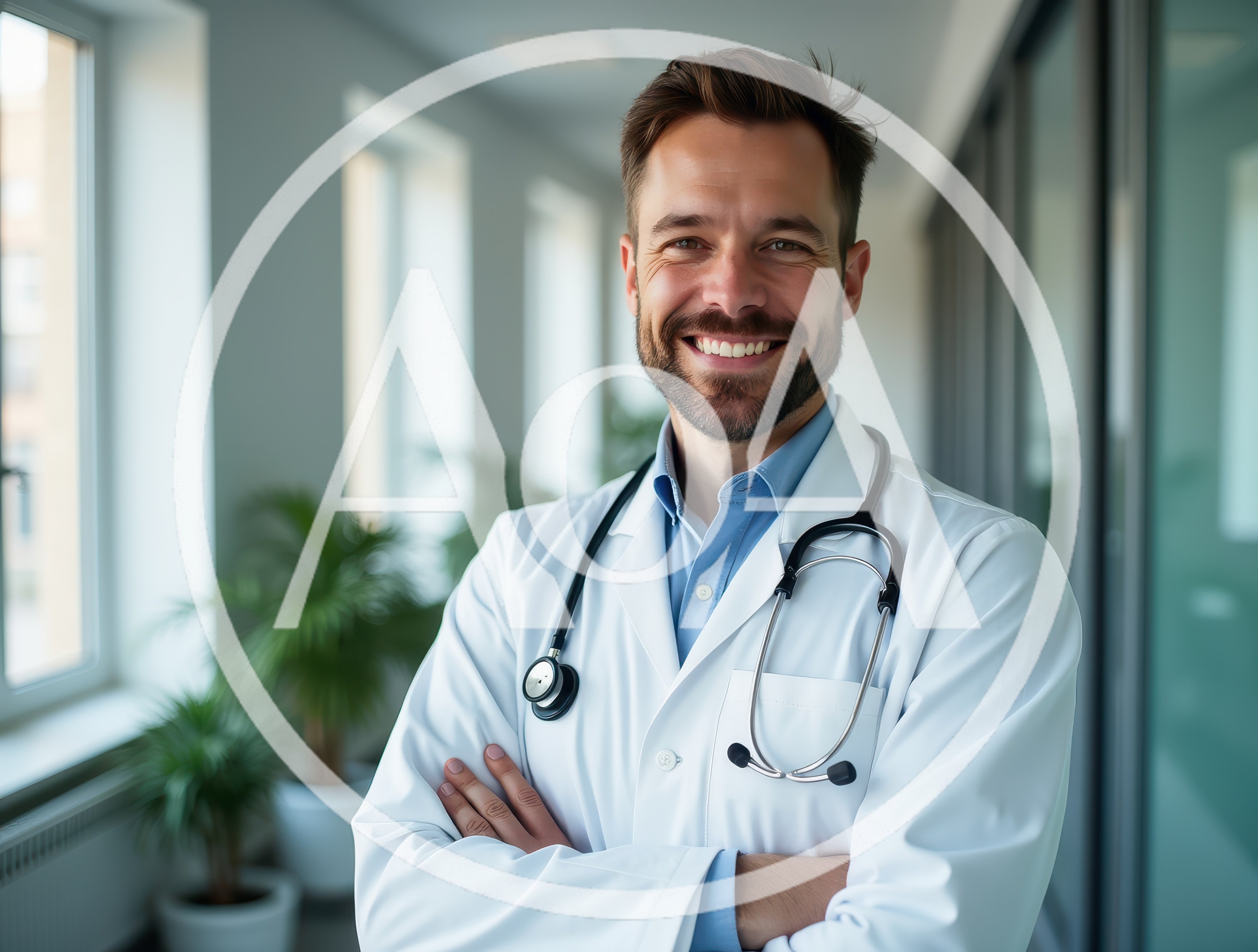 Smiling Male Doctor Standing In Hospital Corridor