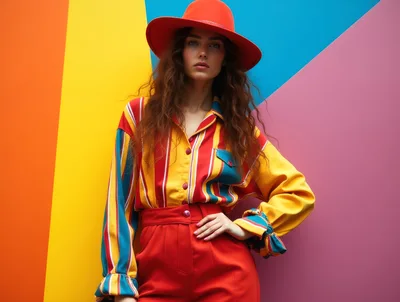 Fashionable Woman Posing Against A Colorful Geometric Background
