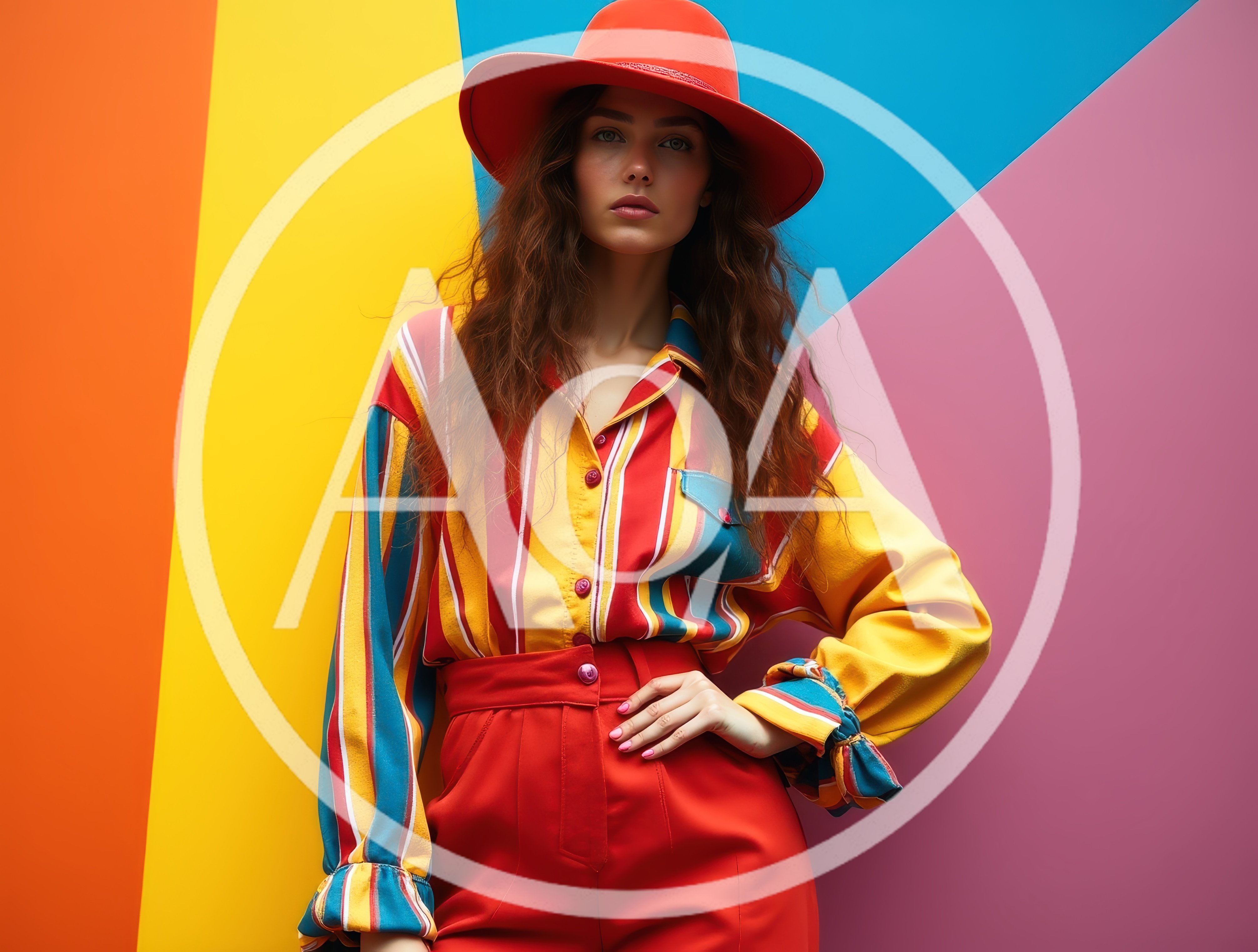 Fashionable Woman Posing Against A Colorful Geometric Background