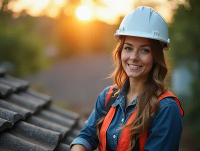 Female Construction Worker Smiling On A Rooftop