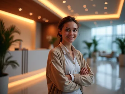 Professional Woman Standing In Modern Office Lobby