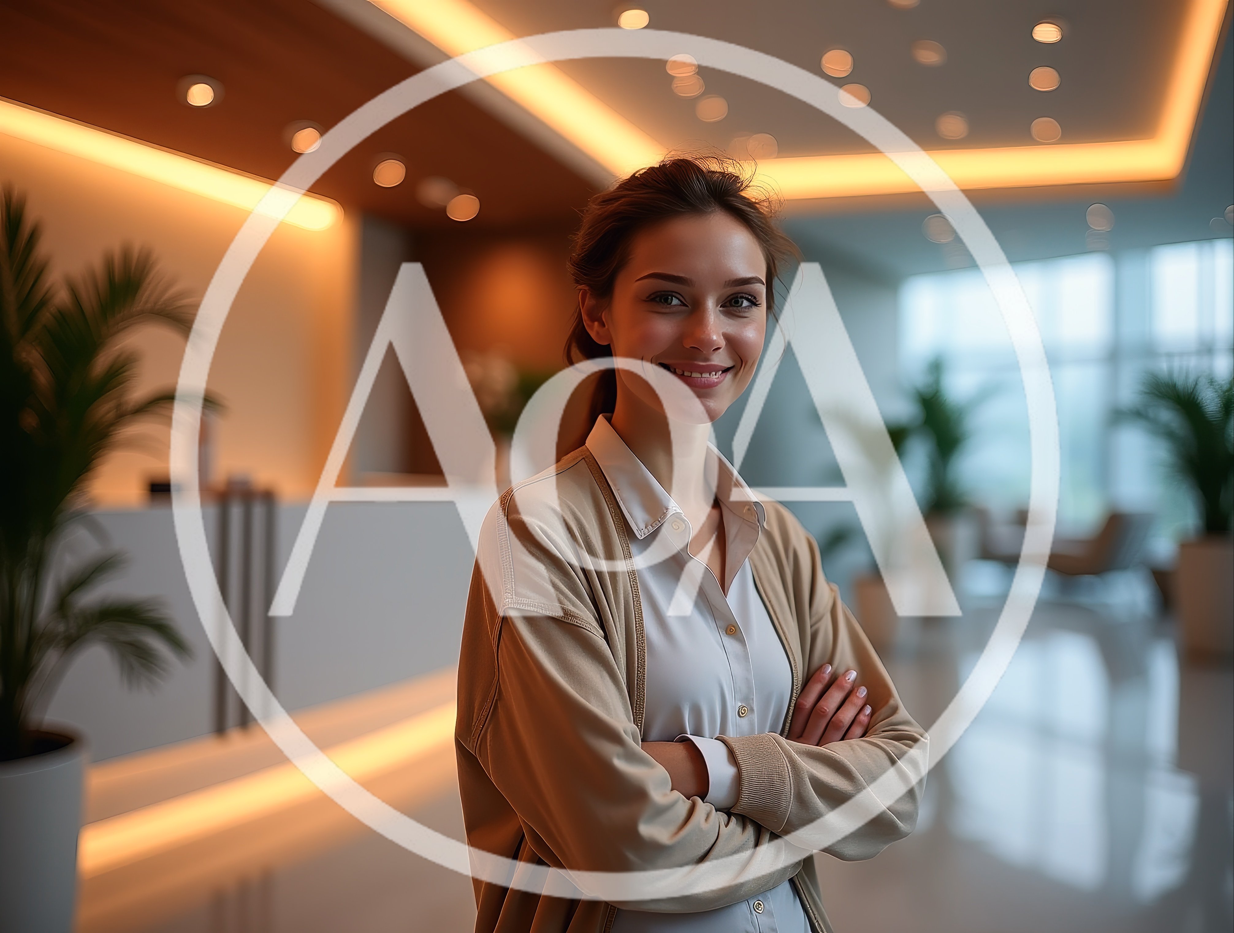 Professional Woman Standing In Modern Office Lobby