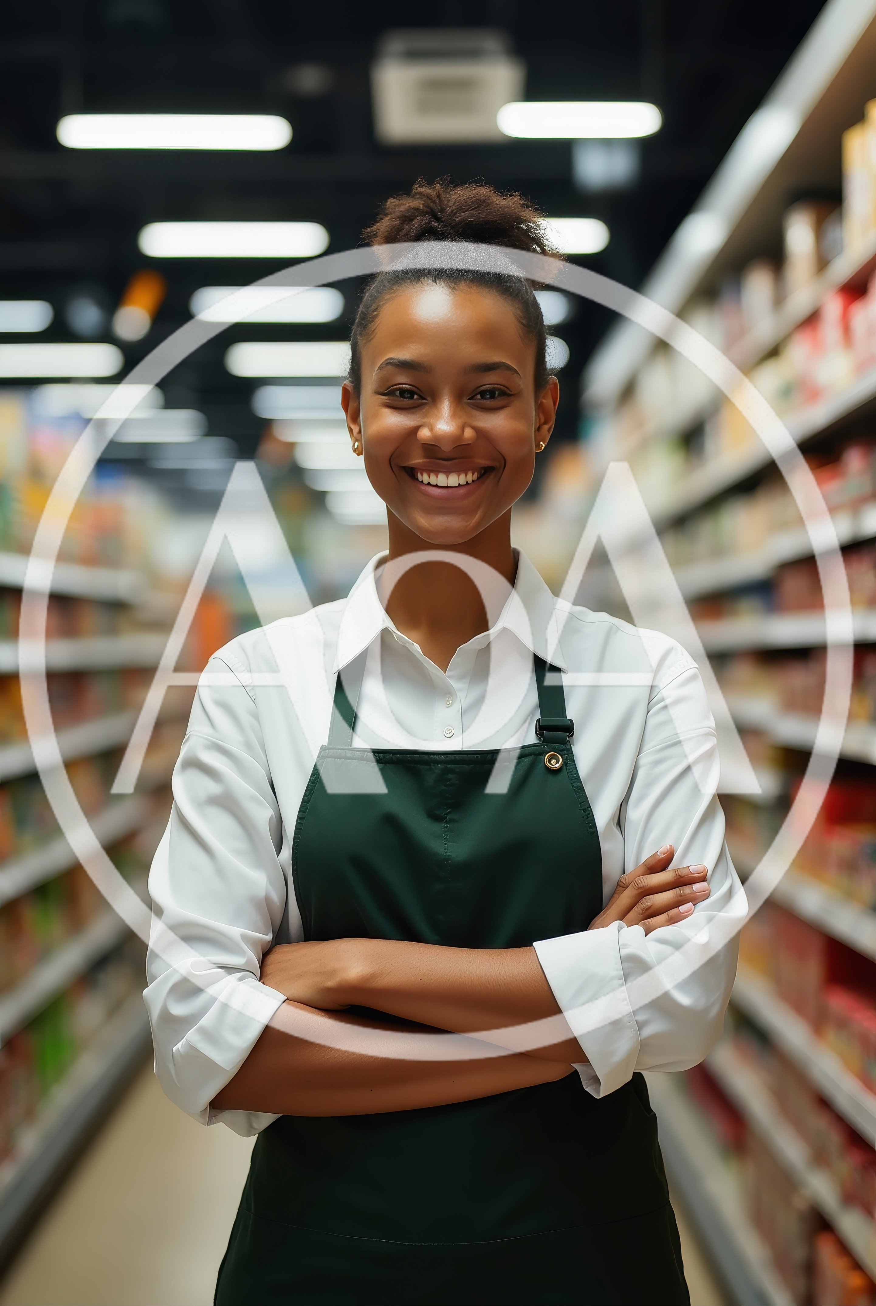 Smiling Female Grocery Store Employee Standing In Aisle