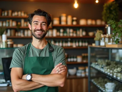 Smiling Male Shop Assistant Standing In A Natural Store