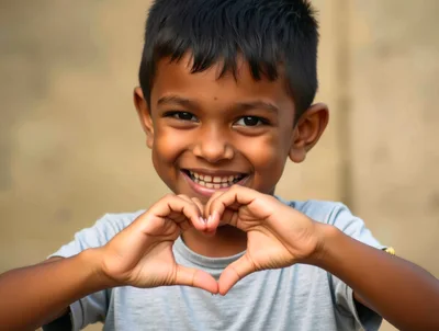 Young Boy Making A Heart Shape With His Hands