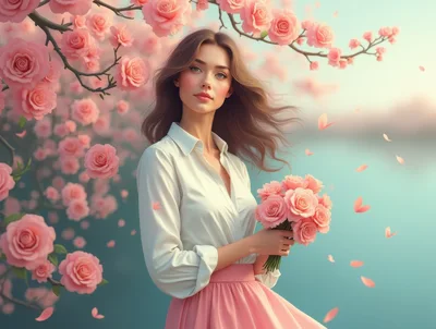 Young Woman Holding Pink Roses In A Garden