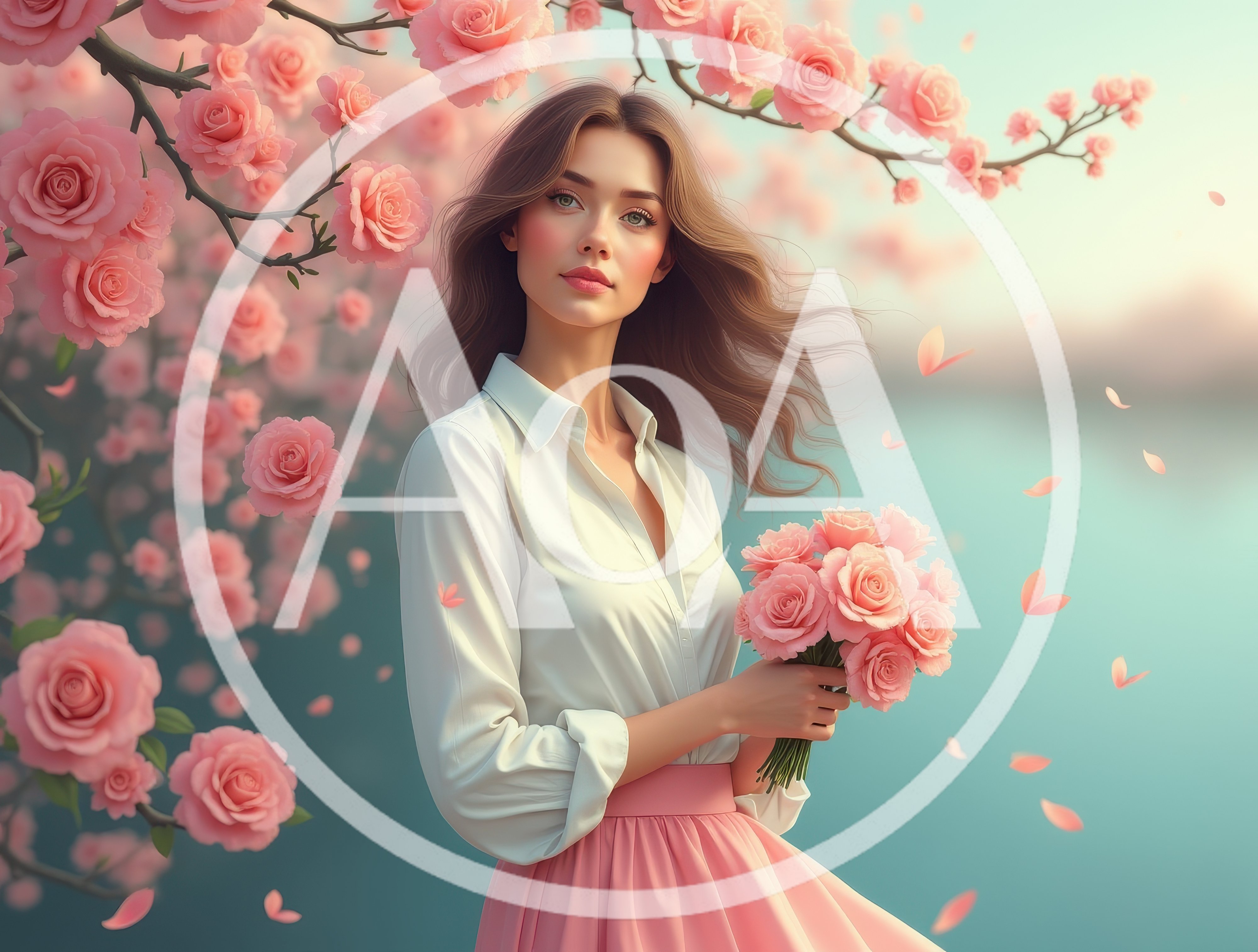 Young Woman Holding Pink Roses In A Garden