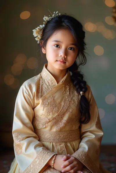 Young Girl In Traditional Golden Hanfu Dress