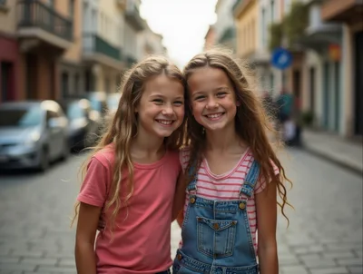 Two Young Girls Smiling Together on a City Street