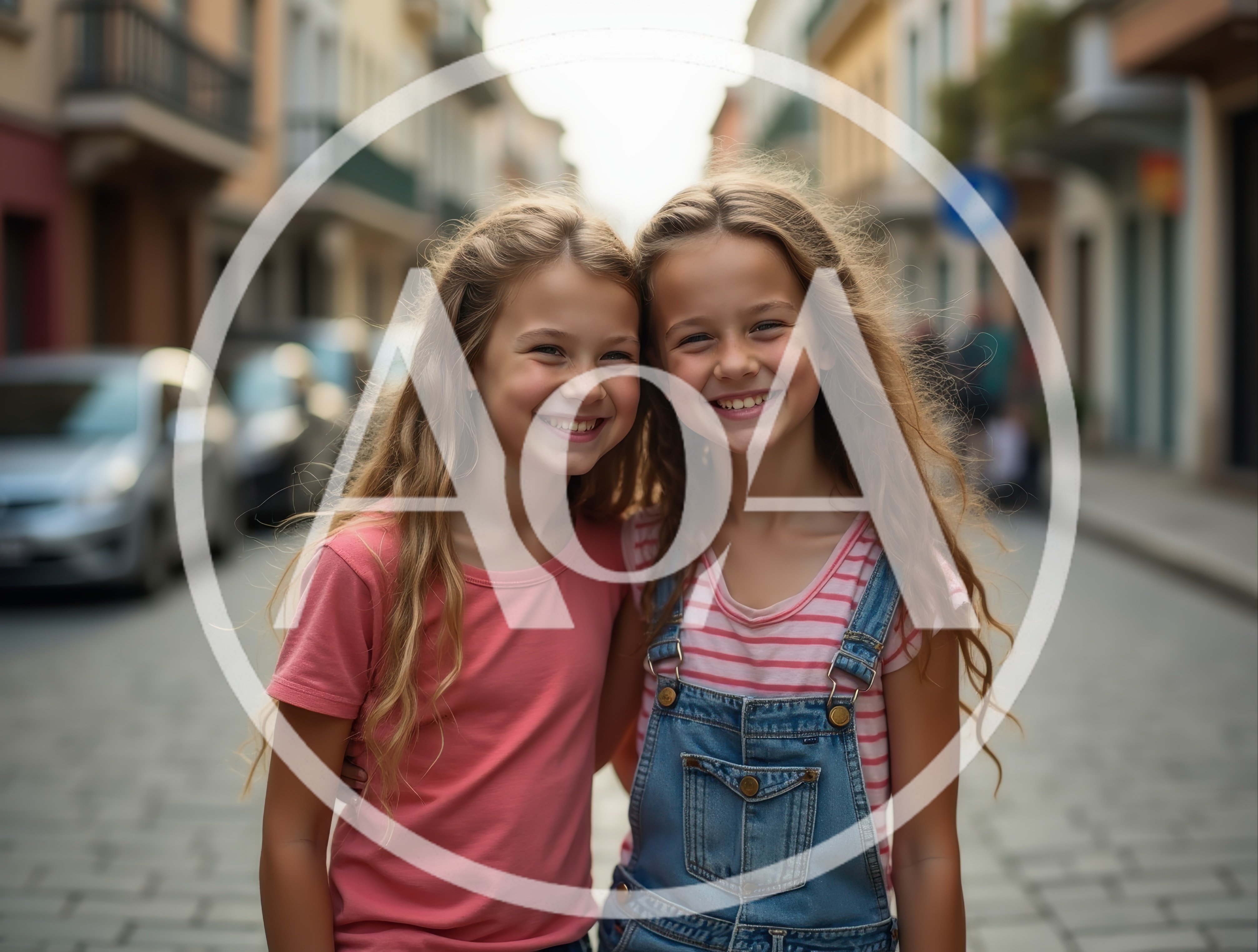 Two Young Girls Smiling Together on a City Street