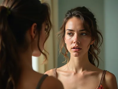 Young Woman Looking At Her Reflection In A Mirror