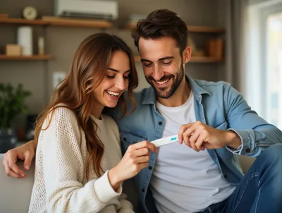 Happy Couple Celebrating Positive Pregnancy Test Result
