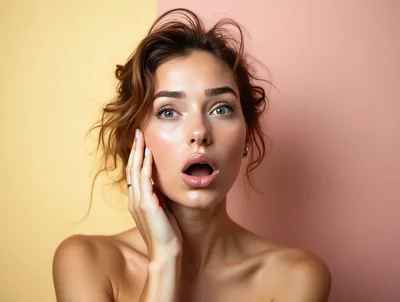 Surprised Young Woman With Hand On Cheek