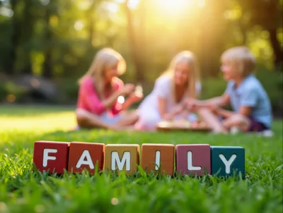 Family Picnic With Wooden Letter Blocks In Park