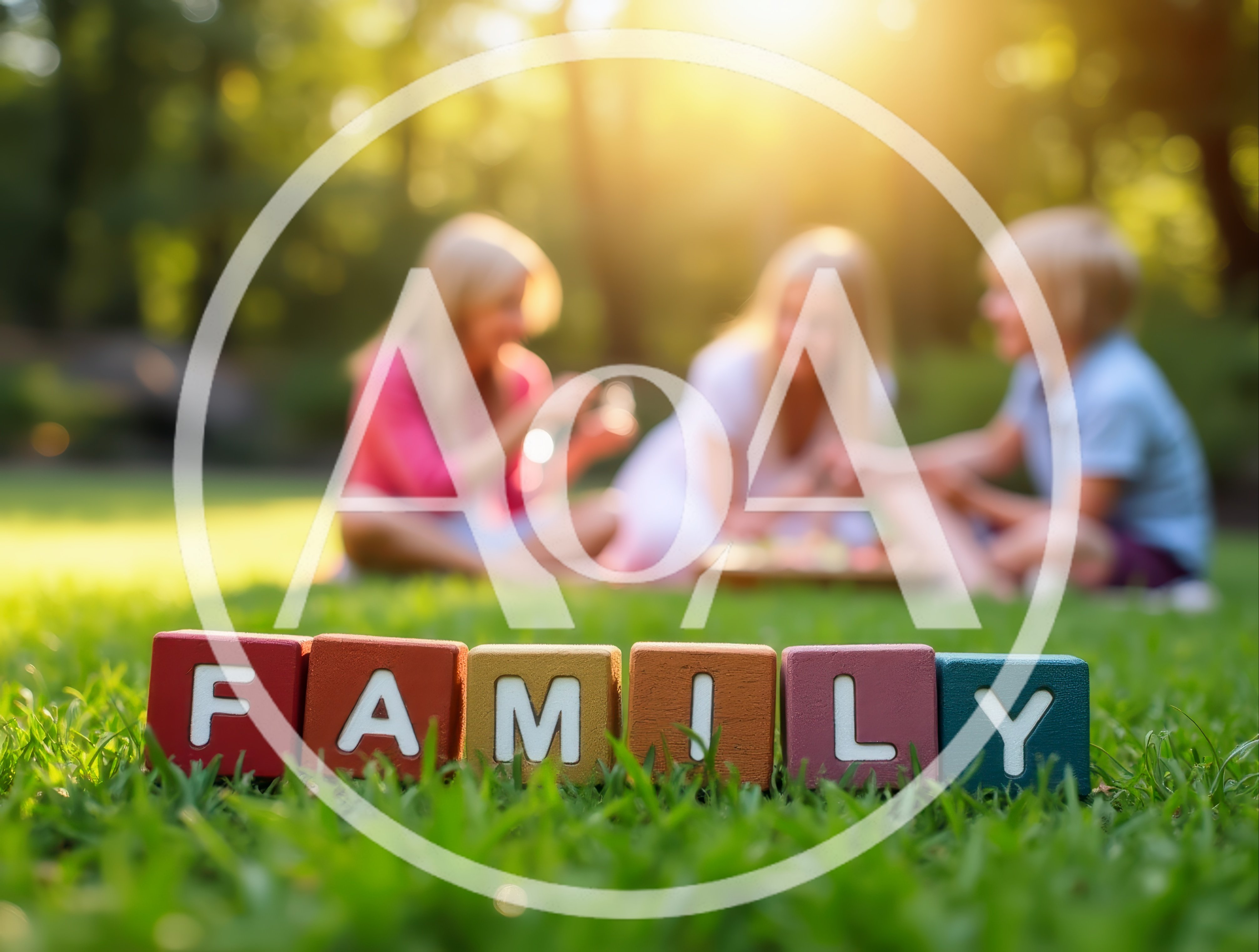 Family Picnic With Wooden Letter Blocks In Park