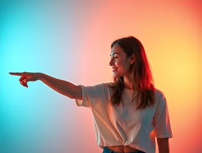 Young Woman Pointing To The Side In Studio