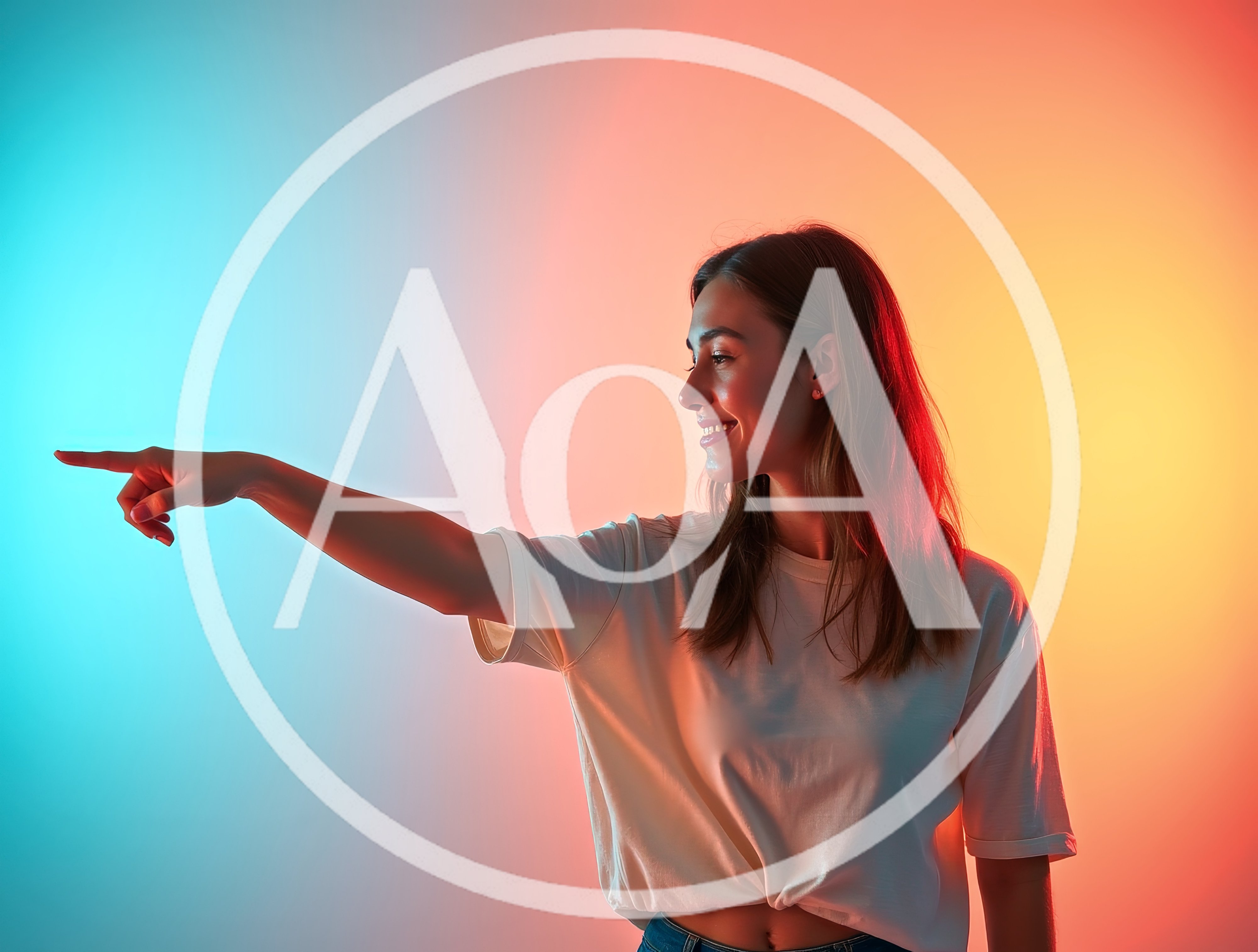 Young Woman Pointing To The Side In Studio