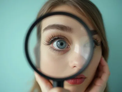Young Woman Looking Through A Magnifying Glass