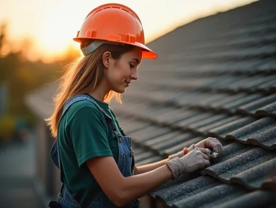 Female Roofer Inspecting Tiled Roof At Sunset