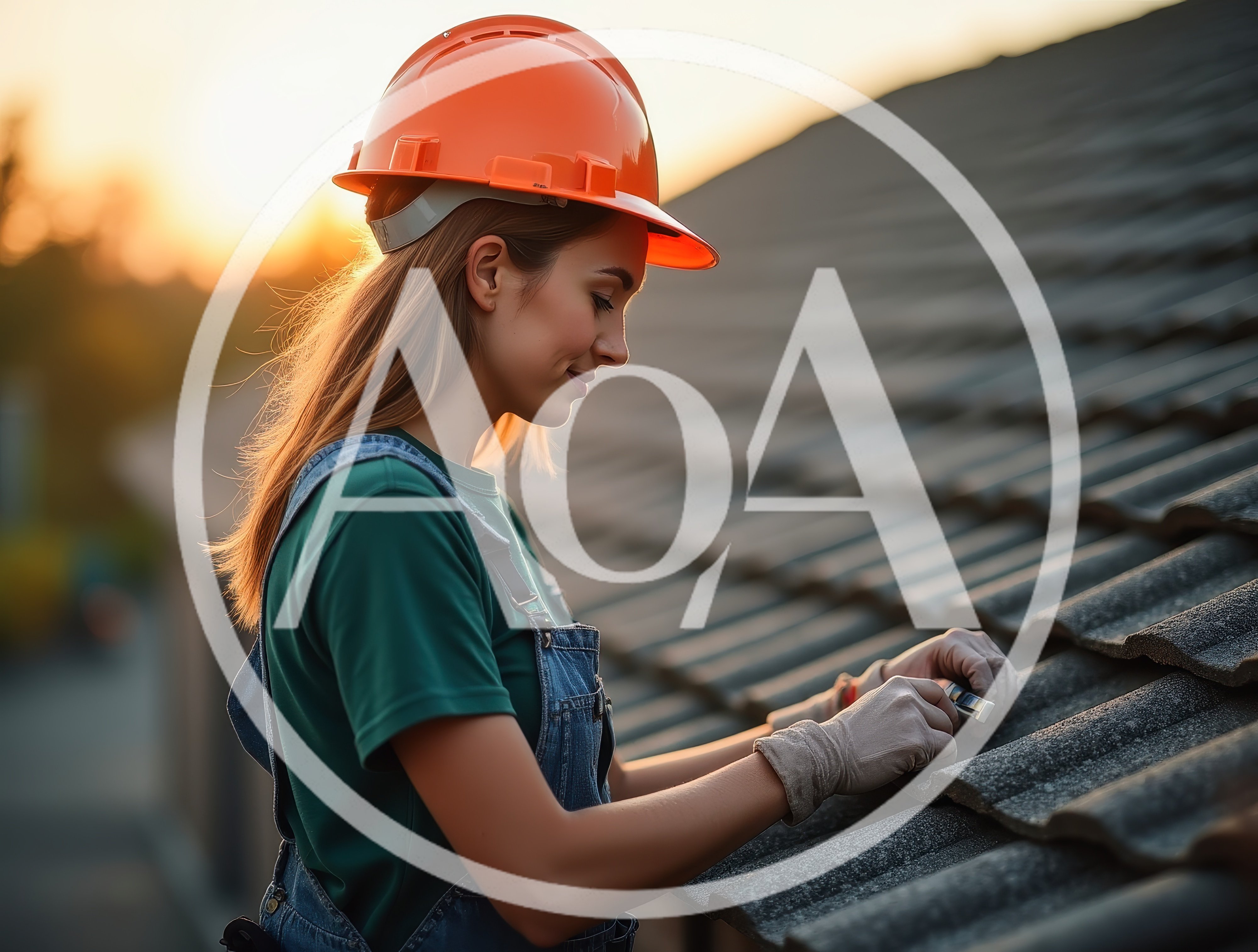 Female Roofer Inspecting Tiled Roof At Sunset