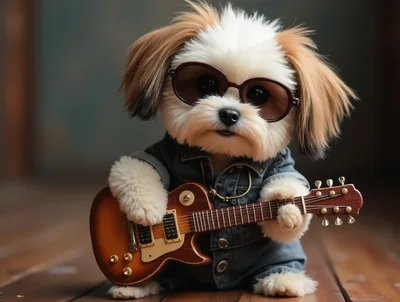 Cute Shih Tzu Dog Playing Electric Guitar