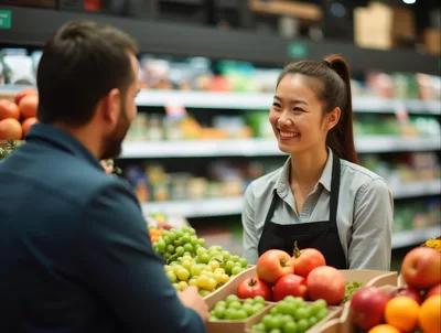 Friendly Grocery Store Clerk Assisting A Customer