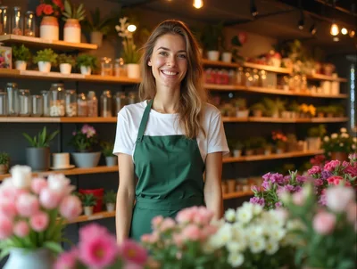 Smiling Female Florist Standing In Her Flower Shop