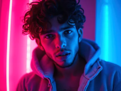 Young Man With Curly Hair Under Neon Lighting